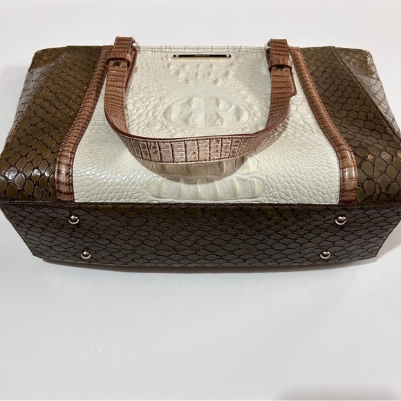Brahmin White Brown Croc Embossed Leather Tote Bag with Dust Bag OS - Picture 3 of 12